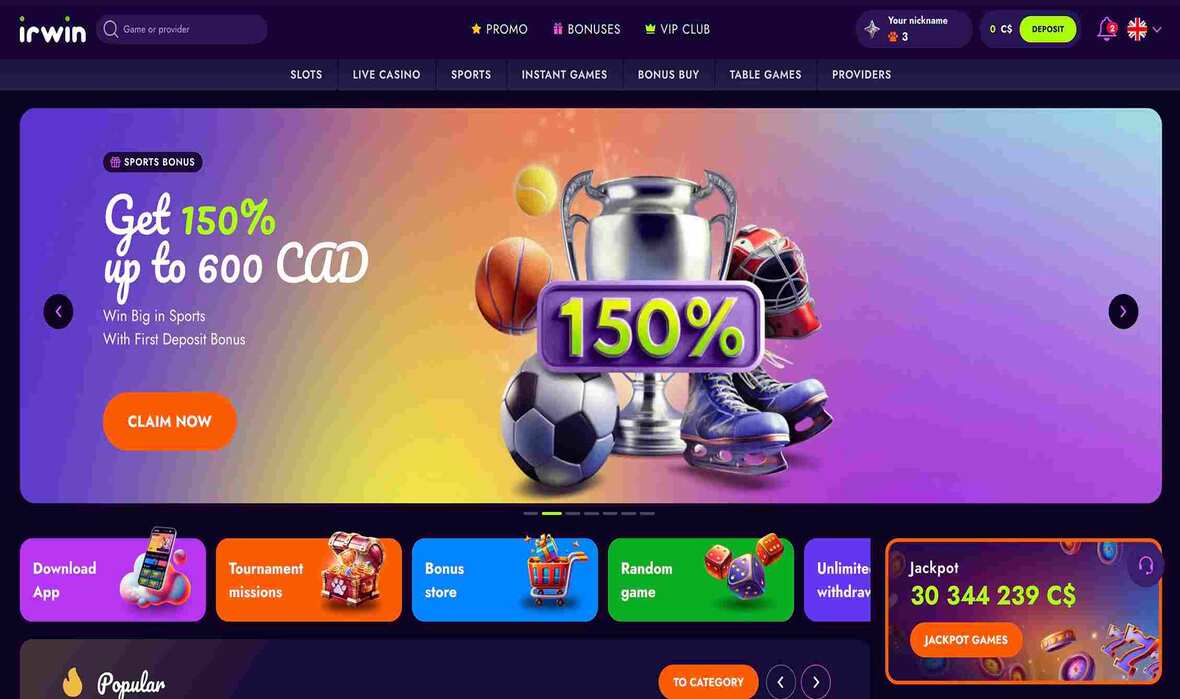 Irwin Casino main page with table games and instant games section