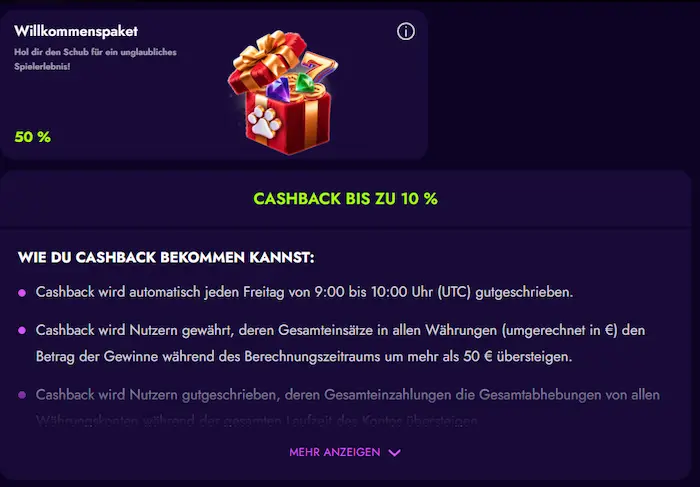 Irwin Casino cashback and live cashback bonus for regular players